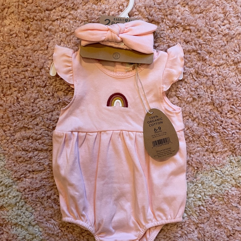 SOFT Baby girl romper, 6-9mo with headband NWT organic cotton